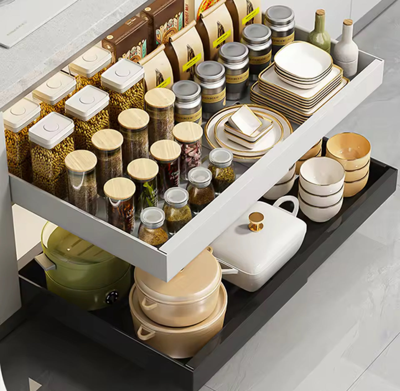 Expandable Pull-Out Cabinet Organizer – Adhesive Slide-Out Drawer