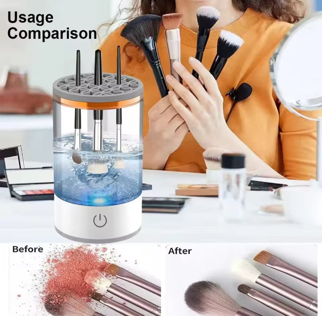 USB Electric Makeup Brush Cleaner – Portable 3-in-1 Brush Washer & Drying Rack